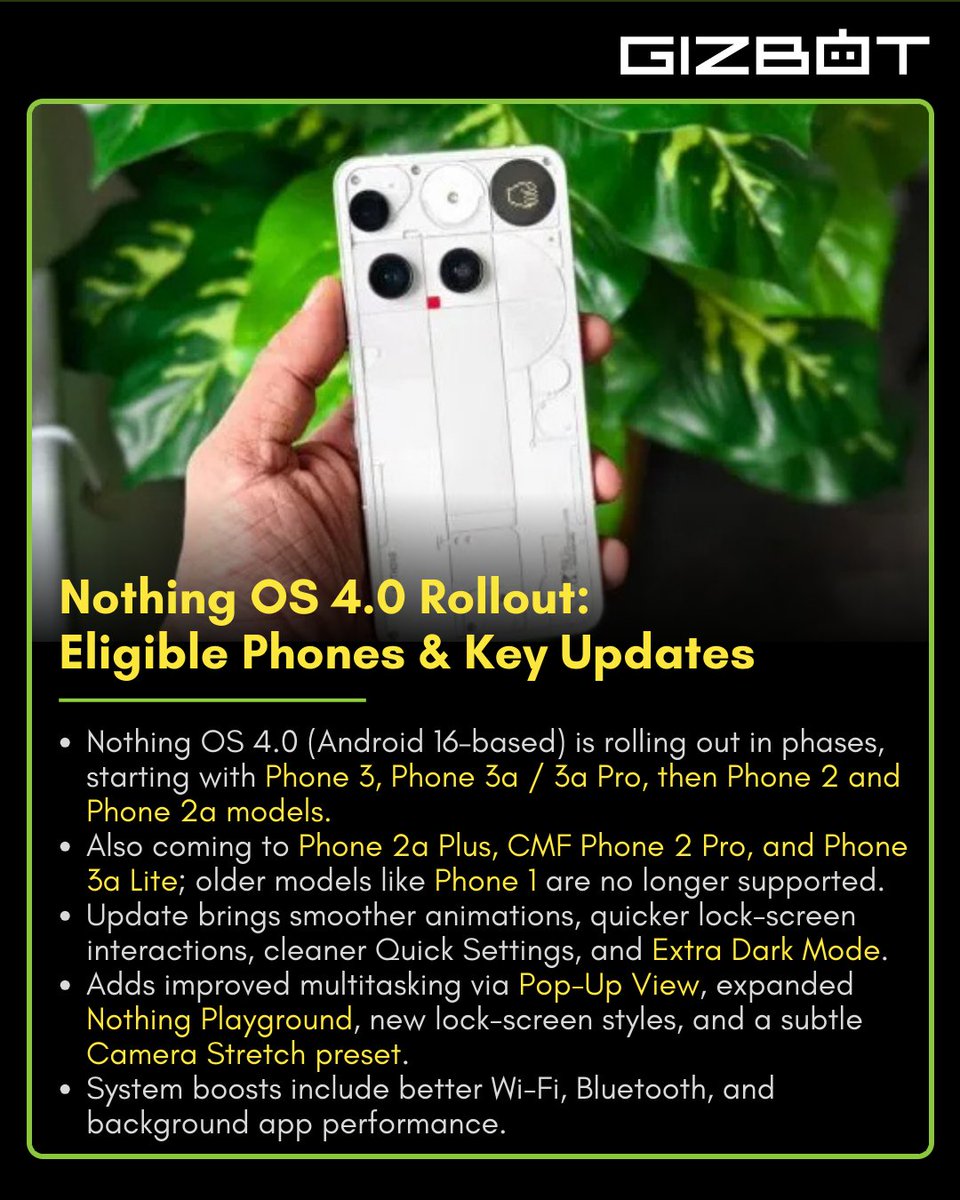 gizbot's tweet image. Nothing OS 4.0 Is Rolling Out: Eligible Phones &amp;amp; What’s New

#NothingOS4 #nothingphone #TechUpdates #smartphone