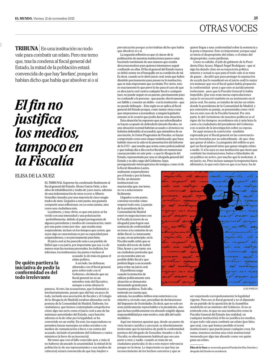 ZumarragaTomas's tweet image. Comparto esta reflexión se @elisadelanuez de @HayDerecho. Una de las instituciones más serias y rigurosas en la maraña de relatos y comentaristas que padecemos y, claro, poco leídas.
Su conclusión preocupa y mucha.