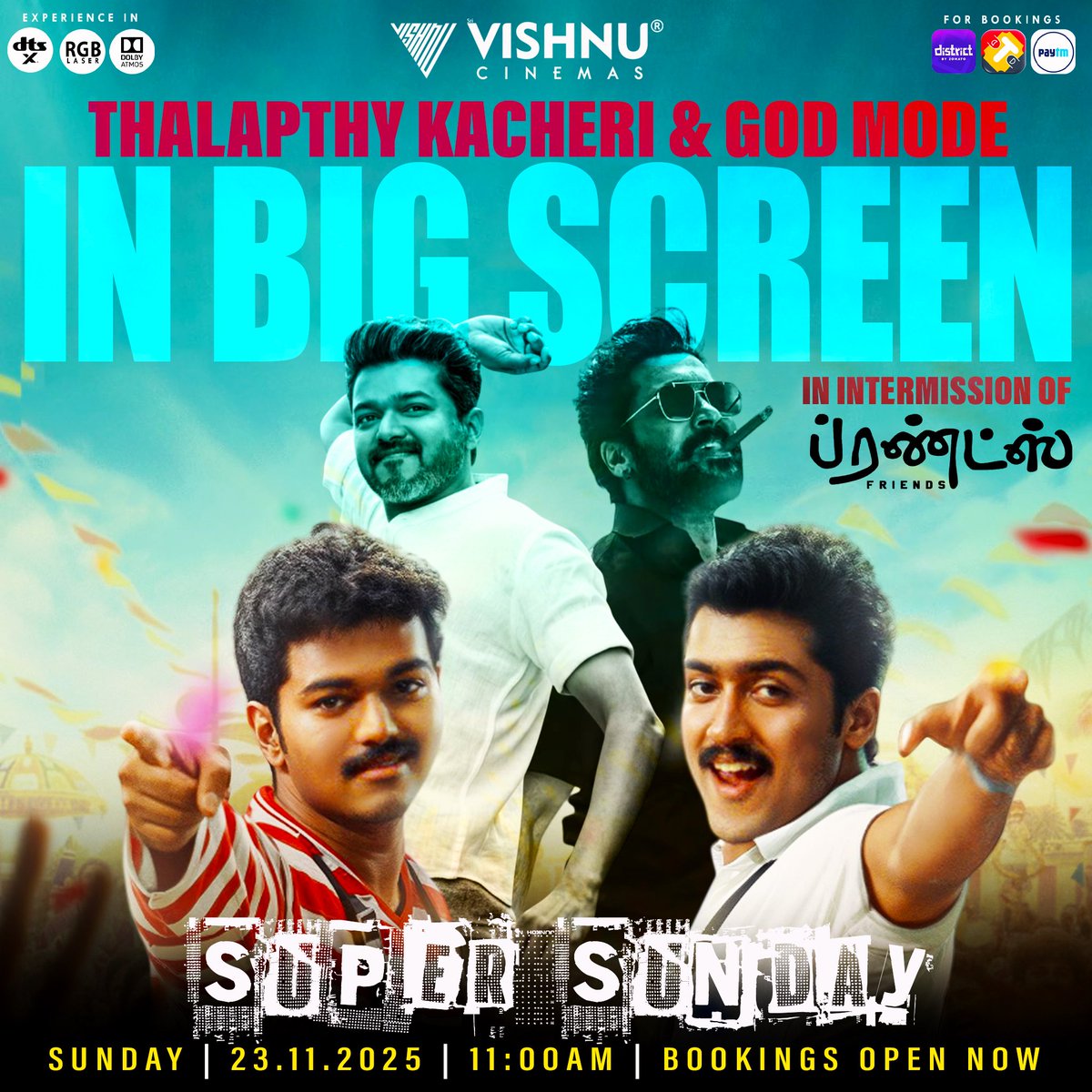 VishnuCinemas's tweet image. Vaangana vanangana Verithanama vibe aagalaamaa 😎....Urumiyaa urichu thattatuma Ooru motham veluthu vakkatuma 💥
 it&apos;s Gonna be Super Sunday...yes #ThalapathyKacheri &amp;amp; #GodMode in Big screen during the intermission of #Friends @VishnuCinemas  tomorrow 💥
#JanaNayagan #Karuppu