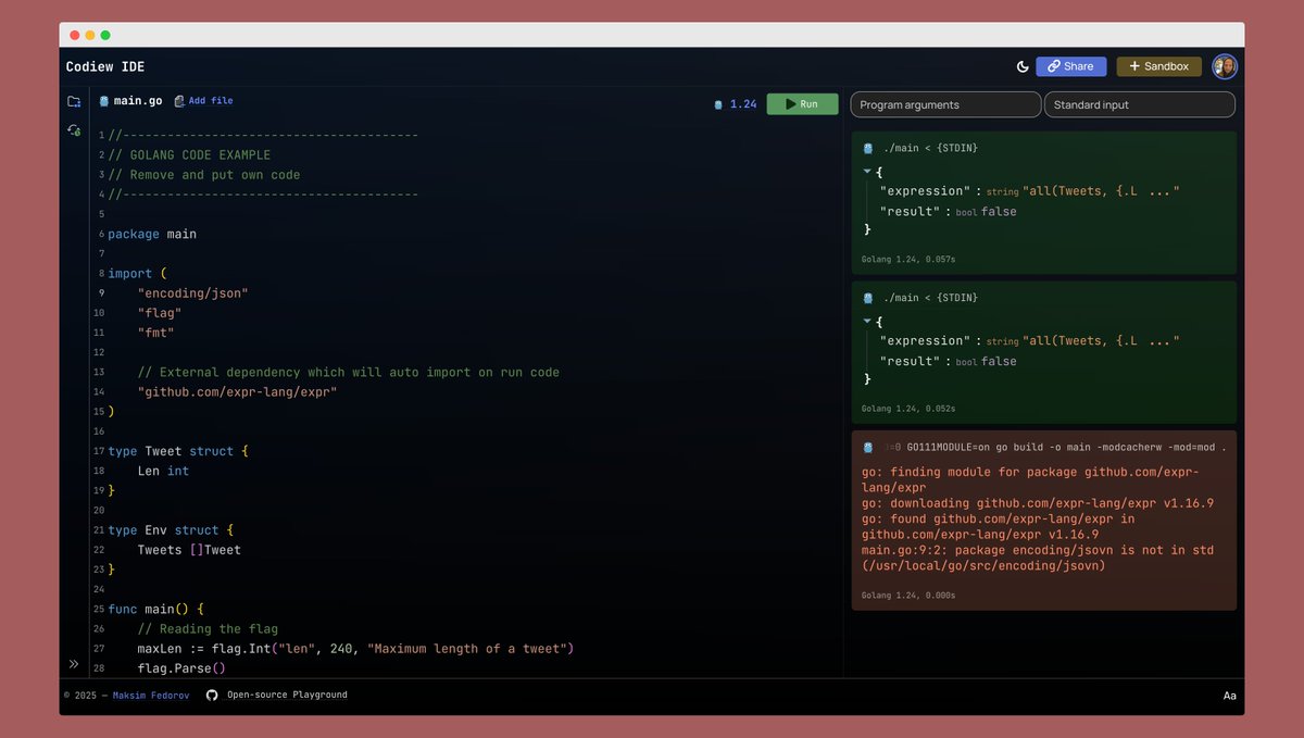 golangch's tweet image. Code Playground (backend) based on Docker images with Google gVisor isolation. Extensible and customizable via API. PostgresQL supported for each language
#golang based

github.com/codiewio/coden…