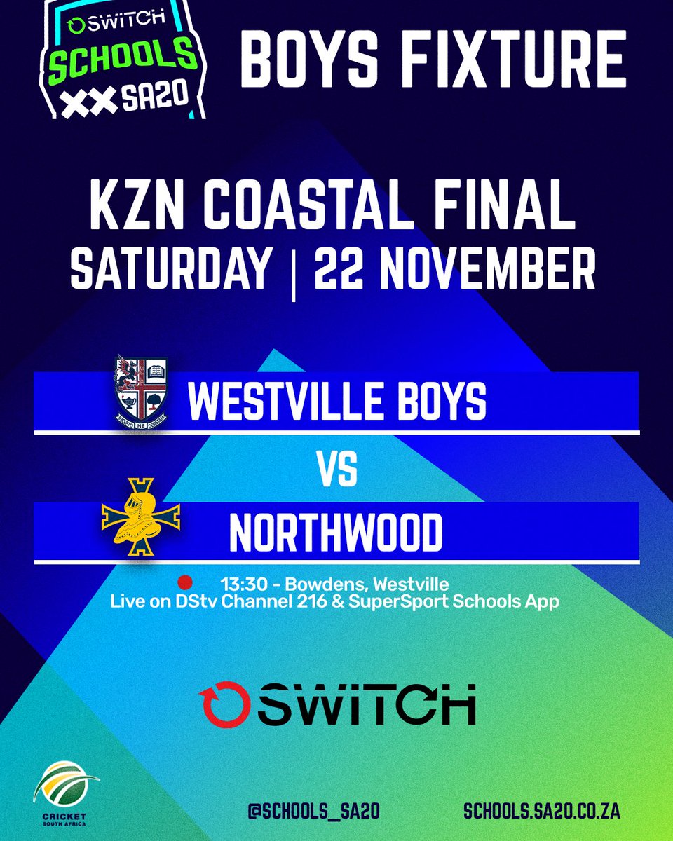 𝐅𝐈𝐗𝐓𝐔𝐑𝐄 🚨

It's Westville Boys up against Northwood in the #SwitchSchoolsSA20 KZN Coastal Boys Phase 1 Final 🏆