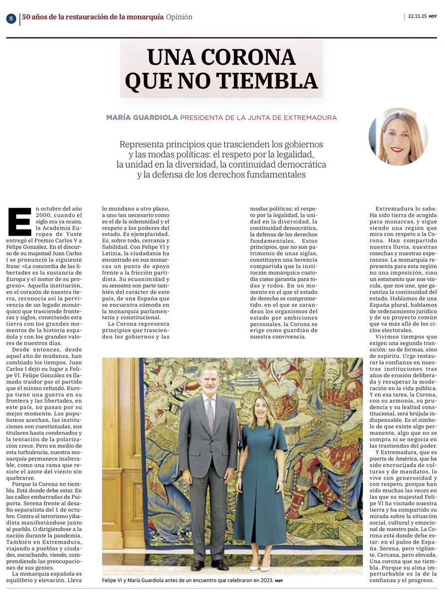 Vivimos tiempos que exigen una segunda transición. Y en esa tarea, la Corona será brújula indispensable.

✍️ <a href="/hoyextremadura/">Diario HOY</a>