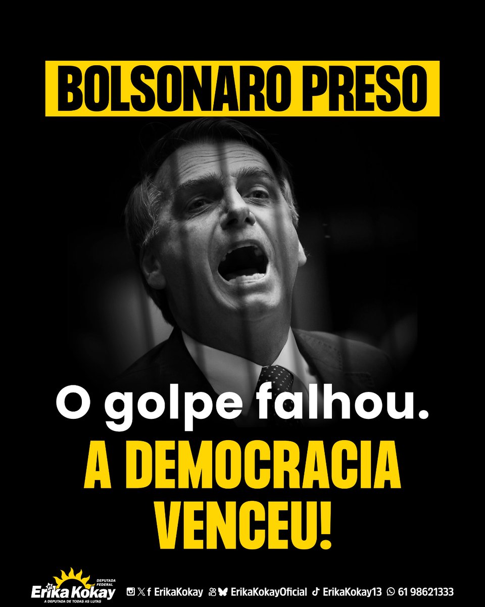 erikakokay's tweet image. Dia histórico: Bolsonaro está preso em regime fechado!
Arquitetou um golpe, negou a ciência, sabotou vacinas e deixou quase 700 mil vítimas na pandemia.
Hoje, quem feriu o Brasil responde por isso.