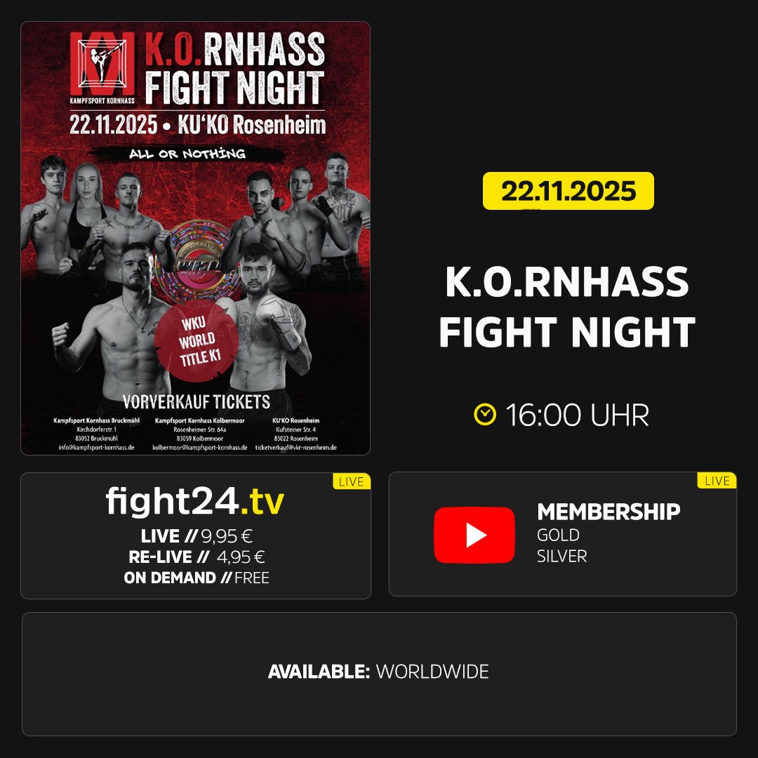 Heute ab 16 Uhr: die K.O.rnhass Fight Night 2025 mit 23 Kämpfen, darunter drei knackige Titel-Fights. Wer das verpasst, ist selber schuld! #kornhass #live #rosenheim #k1 #fight24
📺 loom.ly/RFrnQWs