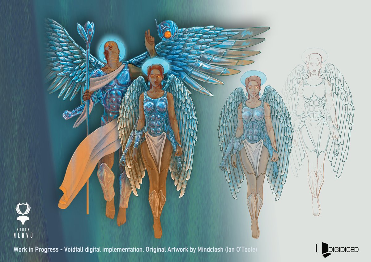 House Nervo successfully left behind the need of physical work, as they specialized in robotics. They started building gigantic habitat ships as their home planet slowly turned into an industrial dystopia.  (based on artwork by Ian O'Toole). #voidfall #digidiced #mindclashg