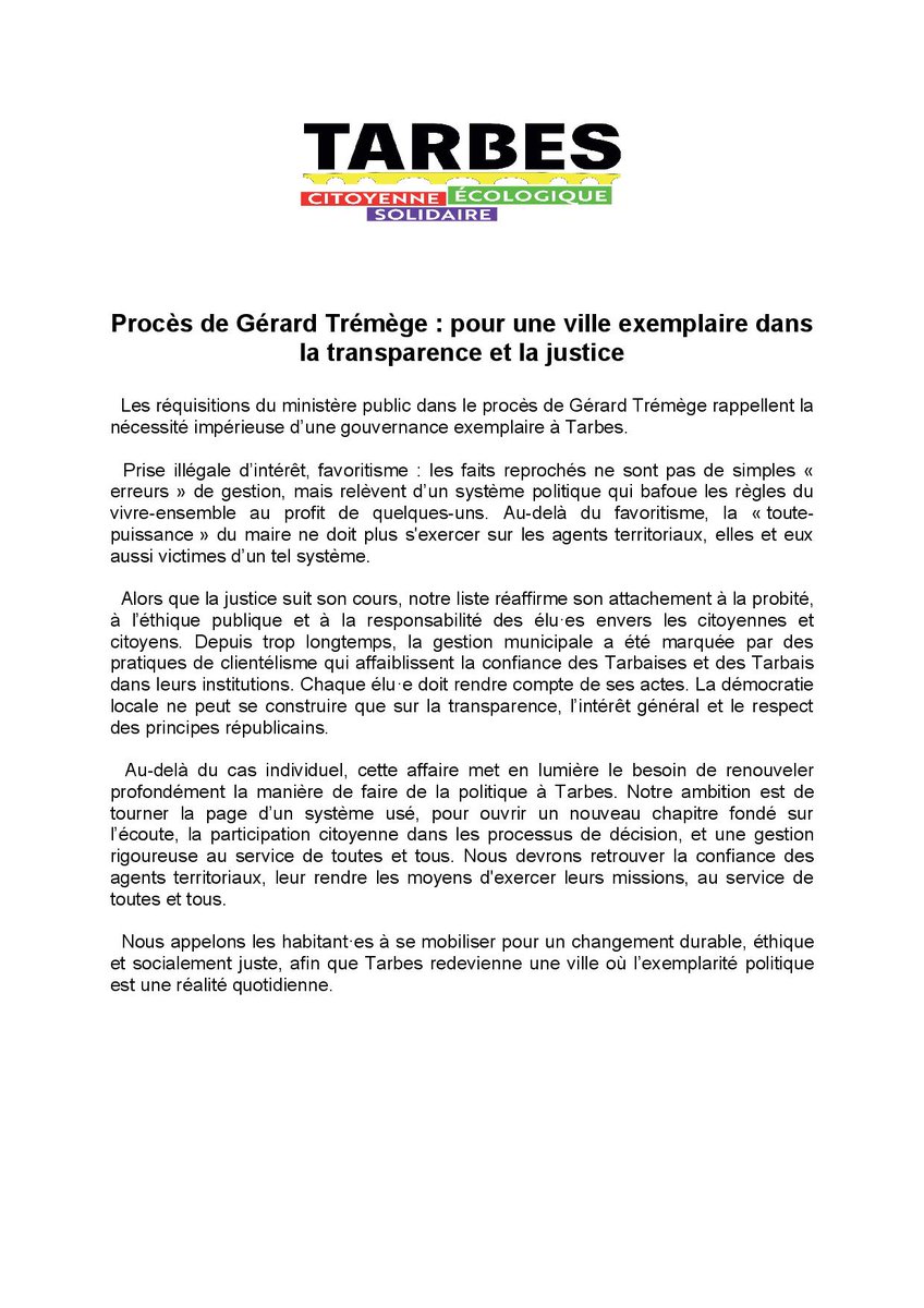 Procès Trémège : pour une ville exemplaire dans la transparence et la justice. Communiqué de Tarbes Citoyenne Écologique et Solidaire