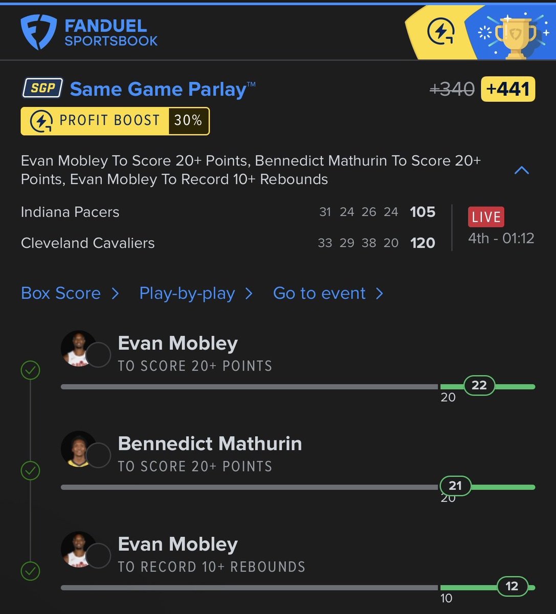 Davidson_Jeron's tweet photo. SAME GAME PARLAY CLUTCHES AT THE BUZZER 😱

Mobley 20+ PTS ✓ (22)
Mathurin 20+ PTS ✓ (21)
Mobley 10+ REB ✓ (12)
+441 with 30% boost → turned $500 into $2,705 in the final minute!

Live by the SGP, die by the SGP… tonight we LIVE 🤑
Next one loading 👇
https://t.co/fsmHOxGVPp https://t.co/uuG8fKdOAL