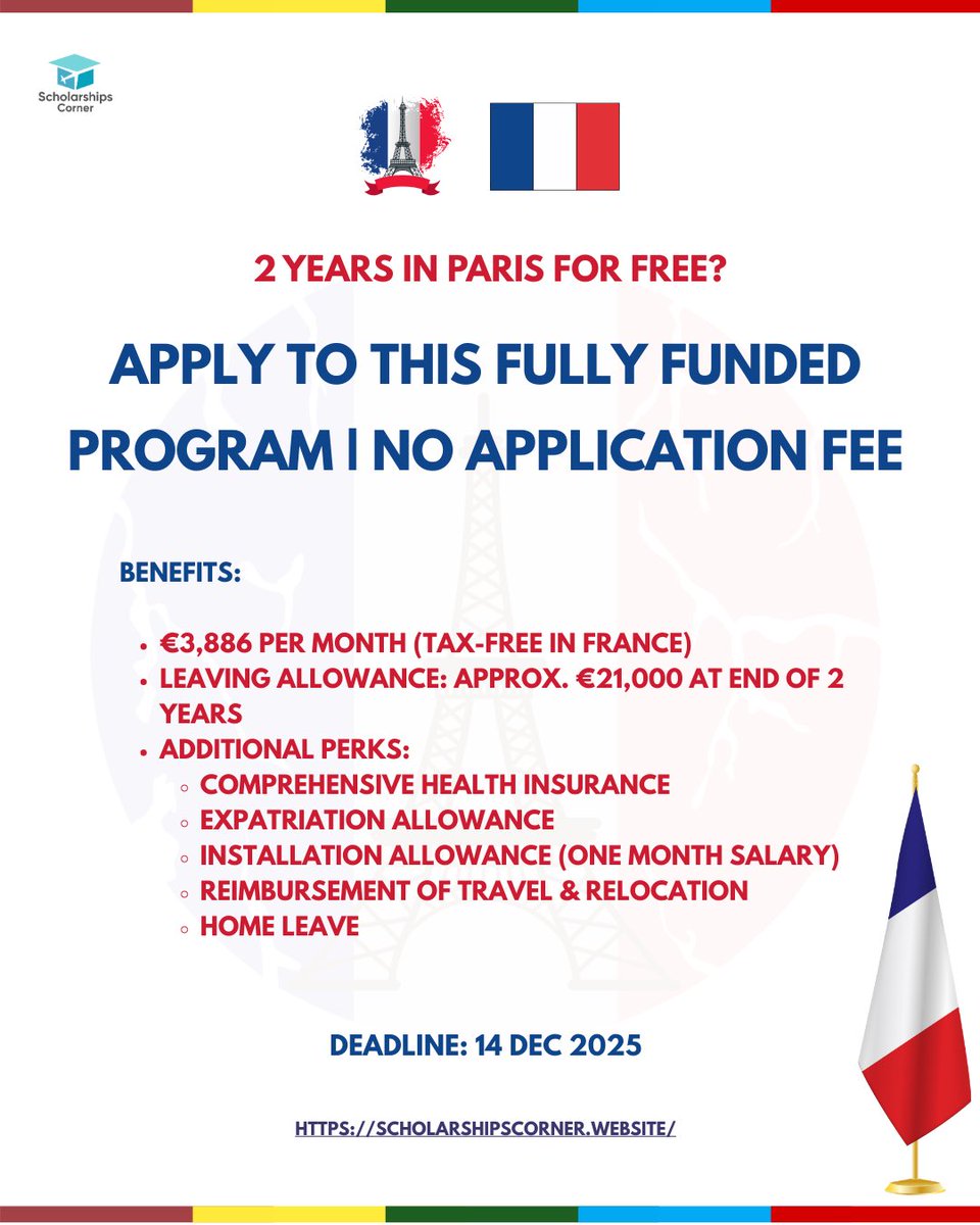 2 Years in Paris for Free? Apply to This Fully Funded Program! 🇫🇷

The Young Associates Programme (YAP) in Paris, France is now open,  and there’s NO application fee!

For more info visit scholarshipscorner.website/oecd-young-ass…

⏳ Deadline: 14 December 2025