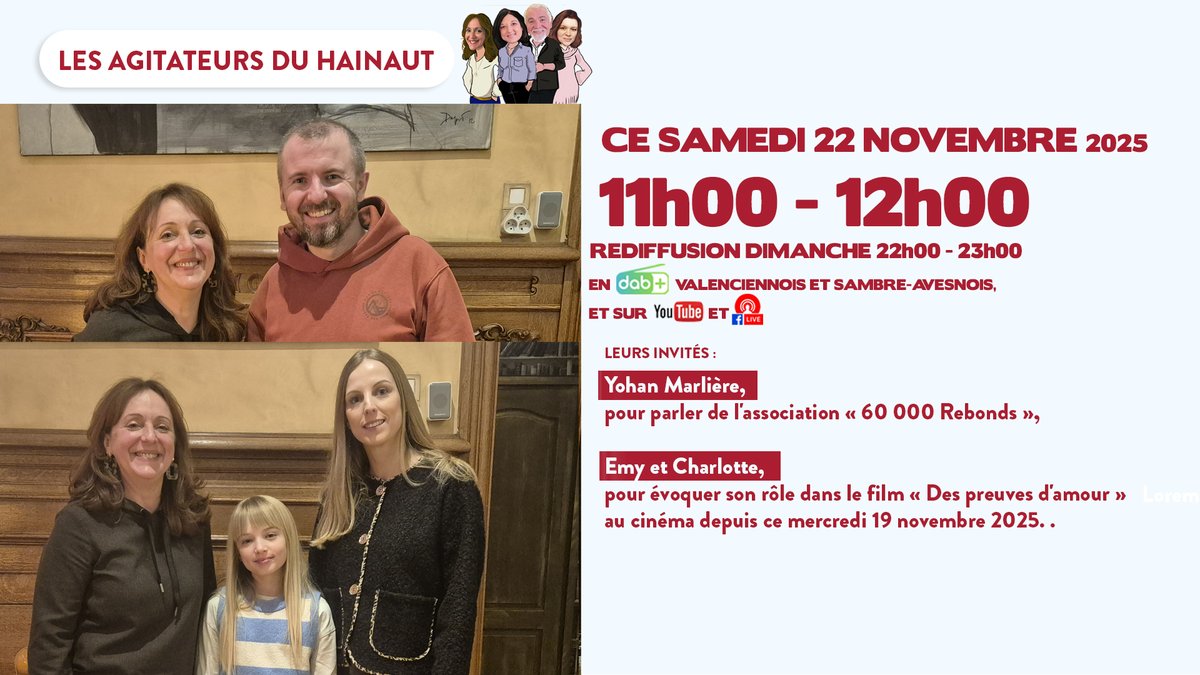 Les Agitateurs du Hainaut - Samedi 22 novembre 2025 - #163
Avec Yohan Marlière pour parler de l'association « 60 000 Rebonds »,
Et Emy, accompagnée de Charlotte pour évoquer son rôle dans le film « Des preuves d'amour ».
cno-radio.fr/podcast-cno-11…
