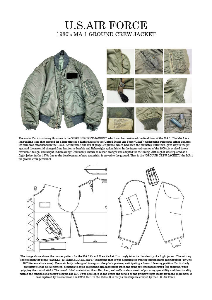 ▪️U.S. AIR FORCE
1980’s MA-1 GROUND CREW MODEL

型紙販売新作追加しました‼︎
MA-1の最終形態「地上勤務員用」モデル

MA-1の独特なフォルムを学ぶチャンスとなります。是非、この貴重なデータを手にし、その魅力をご自身の作品作りに活かしてみてはいかがでしょうか

archives.shopselect.net