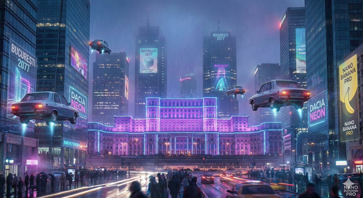 23rdEcho's tweet image. Day 1: Bucharest 2077 – flying neon Dacias, the Palace of the Parliament as mega-corp HQ, pure cyberpunk vibes.

Which one is your favorite? 1, 2, 3 or 4?  
Drop a 🔥 if you want me to keep this series going!

Made with @NanoBanana   
#AIArt #RomaniaAI #Cyberpunk #NanoBanana