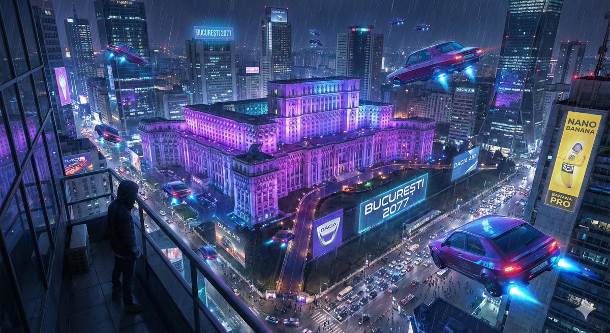 23rdEcho's tweet image. Day 1: Bucharest 2077 – flying neon Dacias, the Palace of the Parliament as mega-corp HQ, pure cyberpunk vibes.

Which one is your favorite? 1, 2, 3 or 4?  
Drop a 🔥 if you want me to keep this series going!

Made with @NanoBanana   
#AIArt #RomaniaAI #Cyberpunk #NanoBanana