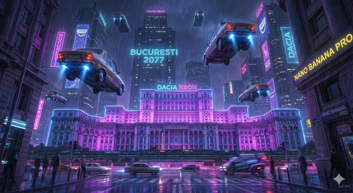 23rdEcho's tweet image. Day 1: Bucharest 2077 – flying neon Dacias, the Palace of the Parliament as mega-corp HQ, pure cyberpunk vibes.

Which one is your favorite? 1, 2, 3 or 4?  
Drop a 🔥 if you want me to keep this series going!

Made with @NanoBanana   
#AIArt #RomaniaAI #Cyberpunk #NanoBanana