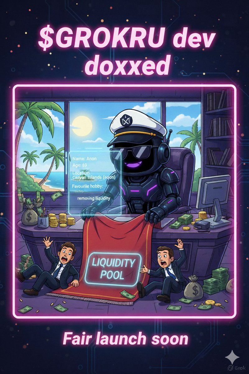 0xgrokru's tweet image. $GROKRU dev doxxed  
Name: Anon  
Age: 69  
Location: Cayman Islands (soon)  
Favourite hobby: removing liquidity  
Fair launch soon
#SolanaMemeCoin #100x