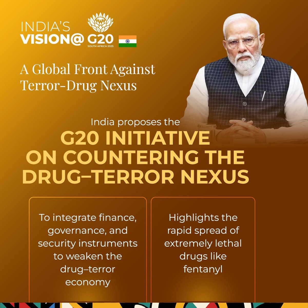 PMOIndia's tweet image. During the G20 Summit, PM @narendramodi presented India’s vision for a united global effort to dismantle the drug-terror nexus.