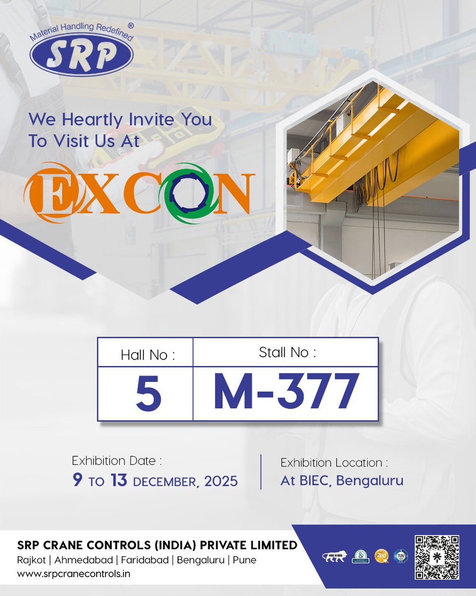 SrpPvt's tweet image. We’re excited to invite you to #EXCON2025!
Visit SRP Crane Controls at:
📍 Hall 5 | Stall M-377
📆 Dec 9–13 | BIEC Bengaluru
Explore our latest crane control solutions built for precision &amp;amp; performance.
#SRPCraneControls