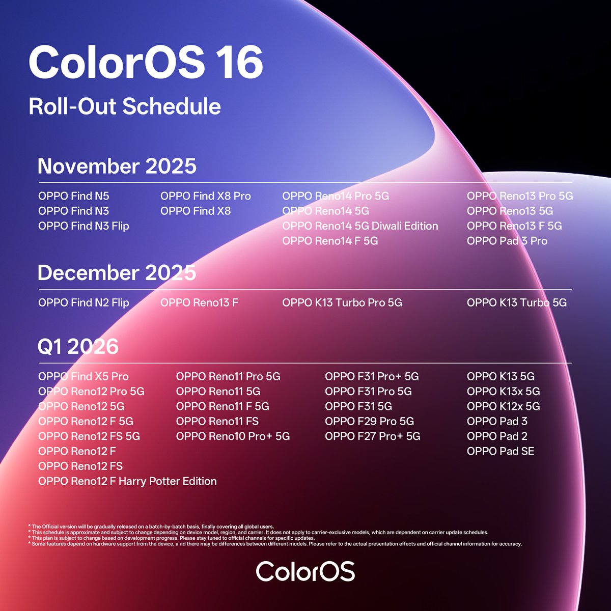 OPPOIndia's tweet photo. Here’s when #OPPOColorOS16 is coming to your phone.
Hope you are waiting for the #SmoothandSmart OS, just like us! https://t.co/4BQJ9elaFg