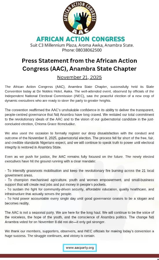 Congratulations to all newly elected executives of AAC Anambra!Your victory reflects the trust and confidence our members have in your leadership.We look forward to your commitment, courage,and service as we build a people-focused party together✊🏾.