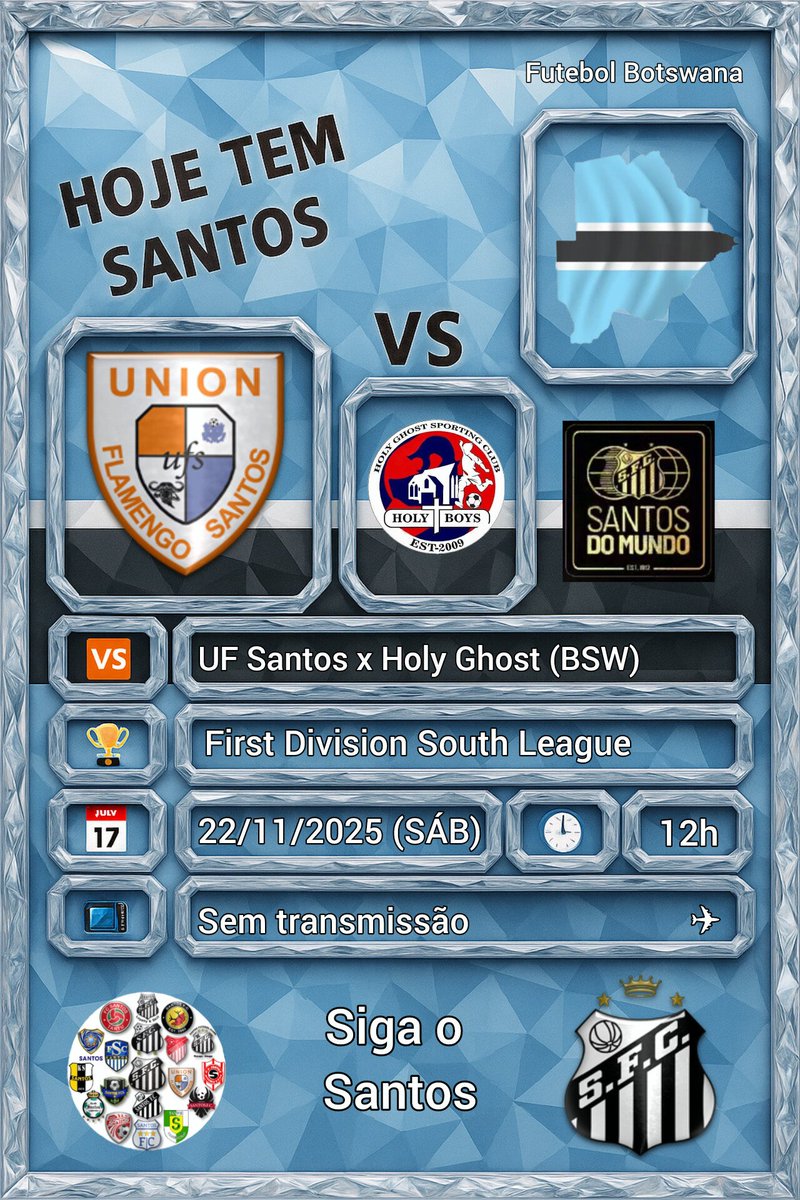 SigaoSantos's tweet photo. 🗓️ 🇧🇼⚽ UF Santo Gabanes (BSW)
#PlacarSantos
#AgendaSigaoSantos
Você sabia que hoje tem jogo do Santos? Não?
O #SantosGabane entra em campo no dia de hoje e você pode acompanhar o resultado aqui no #SigaoSantos #SantosFC #SantosBotswana #UFSantos #SantosnoMundo @FlamingoSantos FC https://t.co/H0Q7FURgKV