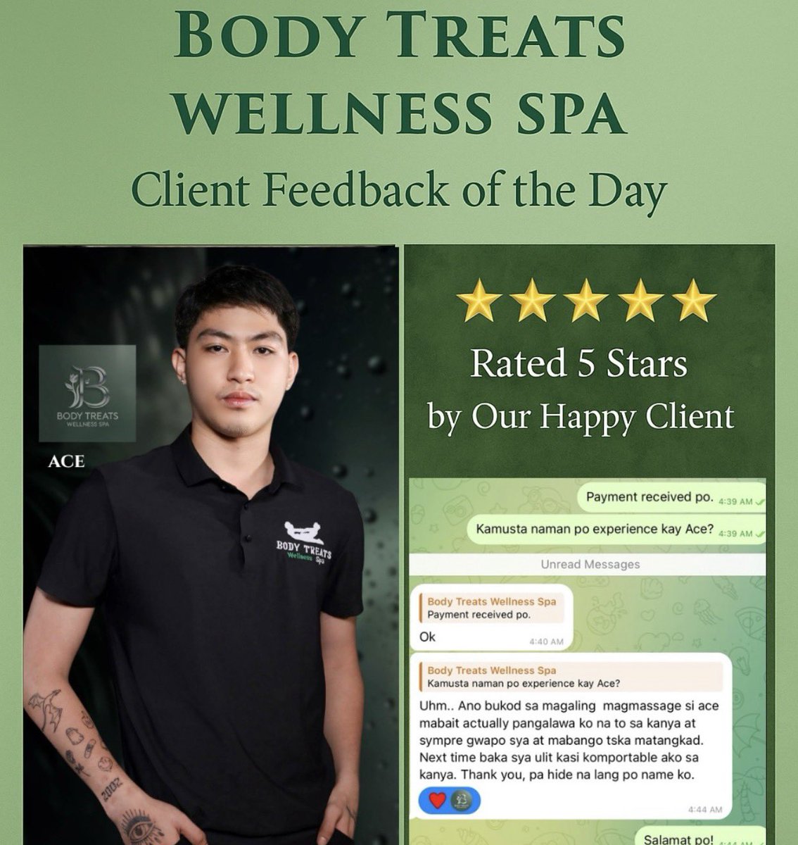 btwsreviews's tweet photo. π’Another happy client for Ace! πΏ
Kind, skilled, and worth booking again. π
#BodyTreatsWellness #GoodFeedback #HomeServiceReady https://t.co/copKDdRrBn