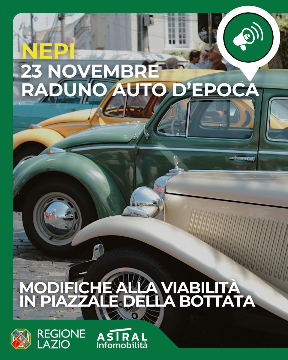 astralmobilita's tweet image. 🚘 #Nepi 
raduno ed esibizione auto storiche in #piazzaledellabottata (area mercatale)
divieto di sosta con rimozione forzata 
📅 #23novembre
🕑 dalle ore 08:00 a fine raduno
#WazeLazio 
#viabiliLAZ