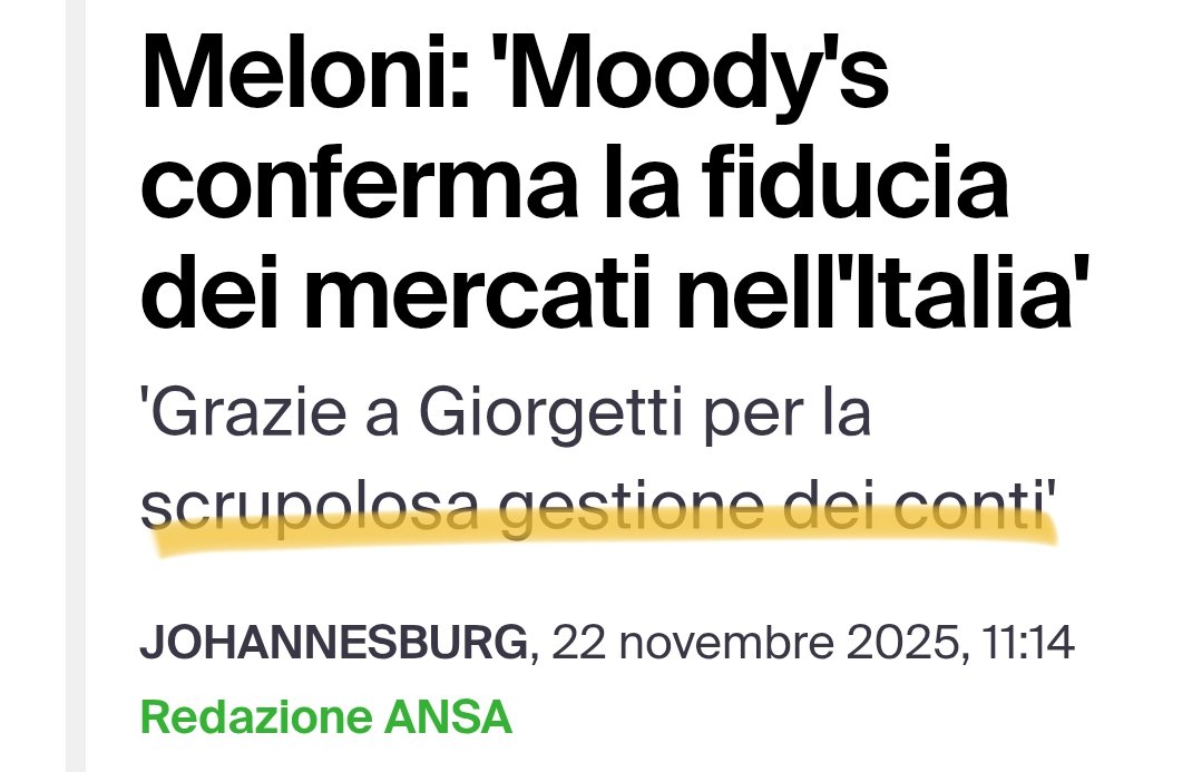 🔴🇮🇹 Moody's alza il rating dell'Italia a Baa2 dopo 23 anni.

L'outlook del Paese passa da positivo a stabile.