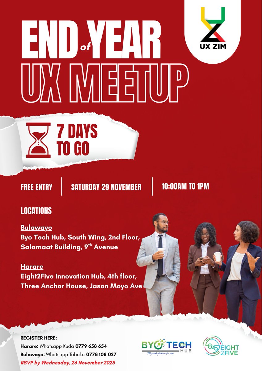 7 DAYS TO GO and Harare, guess what? 👀
We finally have the venue locked in… and it’s a good one

The interesting part is that we’re officially one week away from the UX Zimbabwe meetup on 29 November. A chilled space to learn, reflect, laugh, and connect with the community.