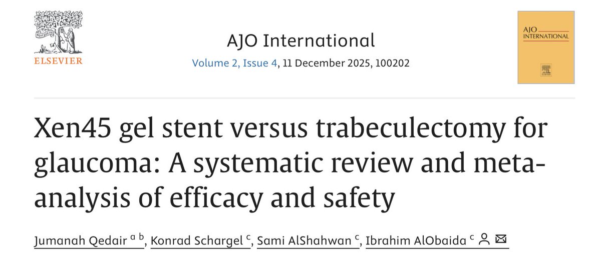 Our paper is out in <a href="/AJOphthalmology/">American Journal of Ophthalmology</a> International, comparing the XEN45 Gel Stent with trabeculectomy (n = 2,381).

Heartfelt thanks to my wonderful mentors Dr. Schargel, Dr. AlShahwan, and Dr. AlObaida for their support!

Check it out: doi.org/10.1016/j.ajoi…