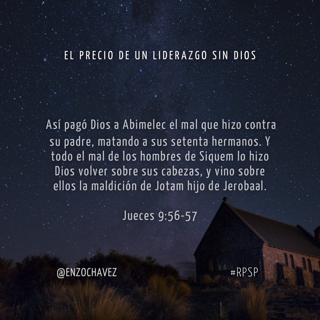 Jueces 9
Abimelec tomó poder a la fuerza, sembró miedo y destruyó a muchos, pero al final cosechó lo que sembró. Liderazgo sin principios bíblicos se derrumba. El éxito se construye con integridad. El juicio de Dios es inevitable para quienes usan el poder para destruir. 
#rpsp