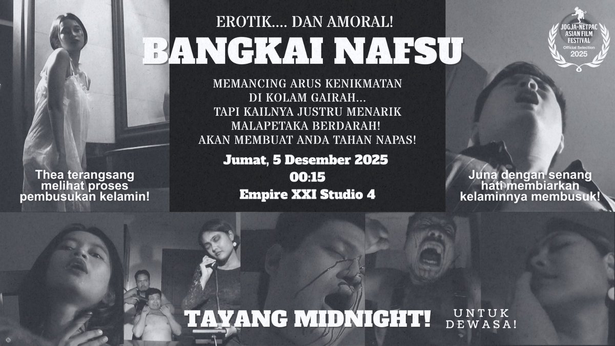 Buat yang ingin merasakan kembali pengalaman menonton film esek-esek tengah malam........
BANGKAI NAFSU tayang di Nocturnal Shorts 1 JAFF!!!! 

Tiket sudah bisa dibeli di app TIX ID atau lewat event.tix.id/event/JAFF20 ‼️‼️‼️‼️