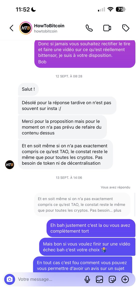 Après j’ai envie de te dire que outre ça, @howtobitcoin_fr c’est vraiment des cons, ils font des podcast sans même connaître les sujets, par exemple le dernier sur $TAO c’était raconter de la merde 1h et se faire un avis de merde sur des connaissances de merde, et quand on viens