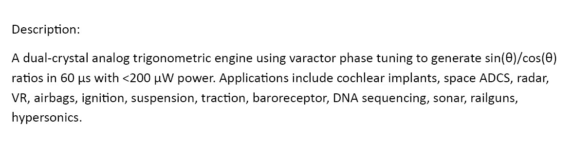HiThere144's tweet image. If I can get their CTO&apos;s attention for five minutes in the next two weeks or so, I have a way to help with all that, it involves using varactors to offset a crystal waveform against a reference and do trig with it ten times faster than any edge DSP and on microwatts of power