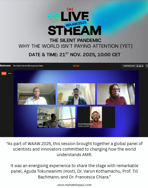 maneeshpaul's tweet image. I had the privilege of speaking at the MicroDAO’s WAAW 2025 livestream, “The Silent Pandemic: Why the World Isn’t Paying Attention (Yet).”

As part of World Antimicrobial Resistance Awareness Week, this session brought together a global panel of scientists and innovators…