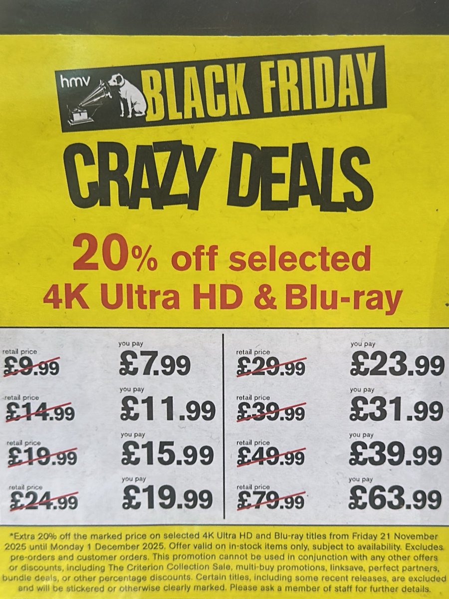 Black Friday deals on now at HMV. 20% off a HUGE range of Blu-ray and 4K UHD titles. Only while stocks last!