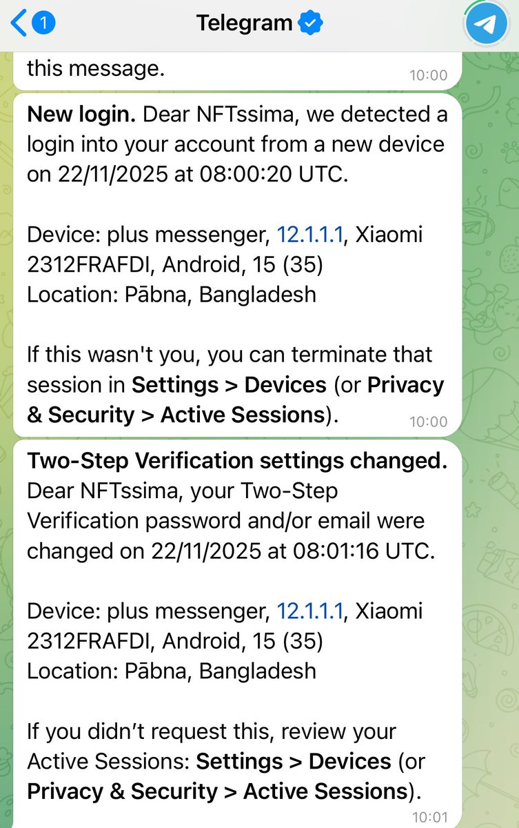 Hey everyone,
My Telegram account has been hacked.

If you get any message from me there (same handle as on Twitter: NFTssima), it’s not me, it’s a scammer. 
Don’t reply, click, or engage. Assume it’s malicious.

Please stay alert and double-check your security:
✅ Enable
