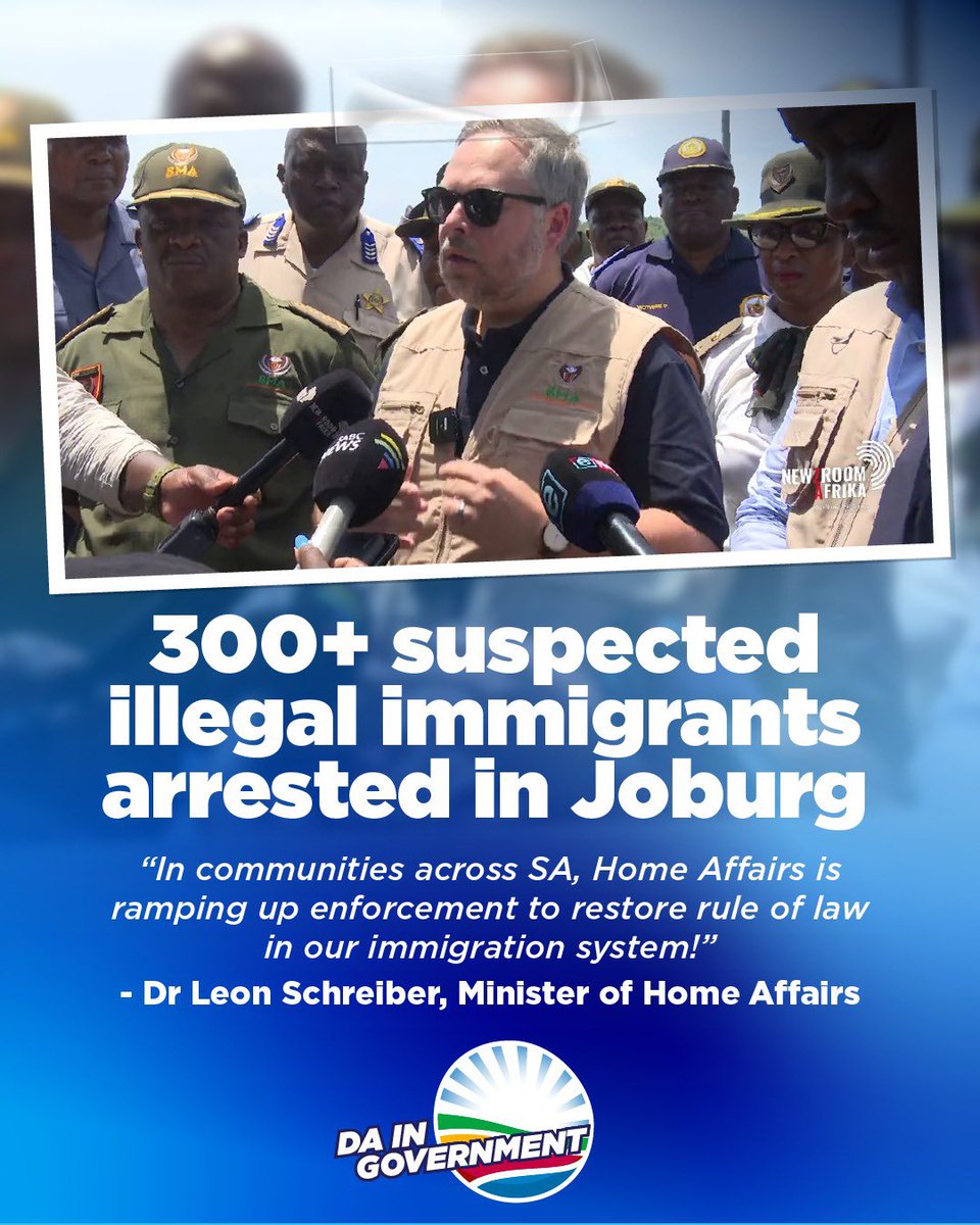 🚨 Operation New Broom is sweeping! 300+ suspected illegal immigrants arrested in Joburg.

“In communities across SA, Home Affairs is ramping up enforcement to restore rule of law in our immigration system!” - The DA’s Dr Leon Schreiber, Minister of Home Affairs
