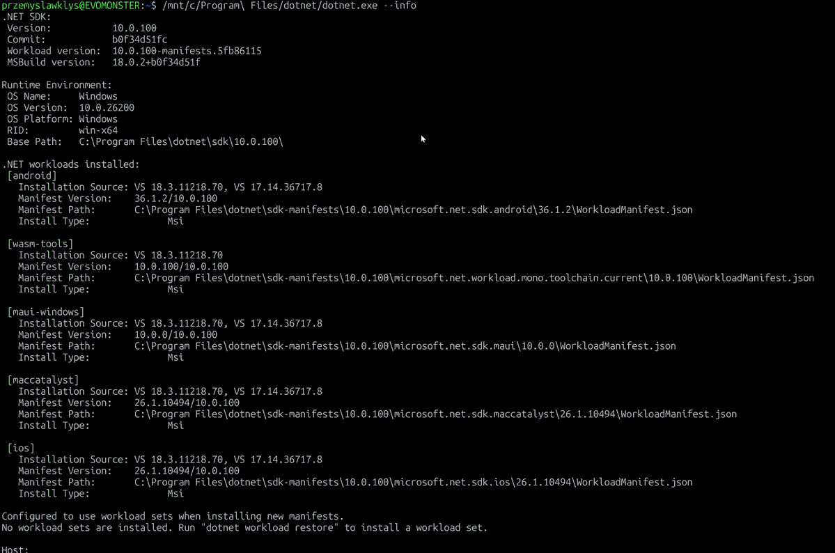 PrzemyslawKlys's tweet image. 😮😮😮 TIL - you can run .exe directly from WSL. This open so many options! #PowerShell #dotnet and was switching and testing in Windows. Wow