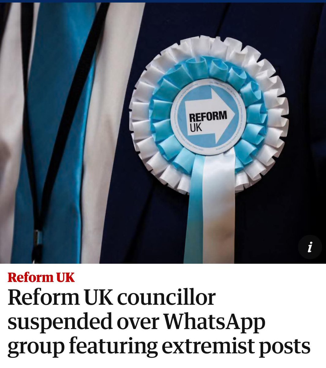 Another Reform councillor suspended.
But don’t worry, because they’re all “robustly vetted” according to Farage 🤔

Reform councillor Tom Pickup has been suspended for participating in a WhatsApp group where members allegedly called for a “mass Islam genocide”. 
#NeverReform