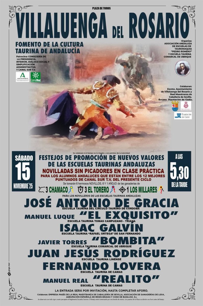 Villaluenga del Rosario (Cádiz) Hoy clase práctica aplazada el día 15, con reses de Chamaco (3), El Torero (3) y Los Millares (1), para José Antonio de Gracia, El Exquisito, Isaac Galvín, Bombita, Juan Jesús Rodríguez, Fernando Lovera y Realito <a href="/portaltaurino/">Portal Taurino</a>
