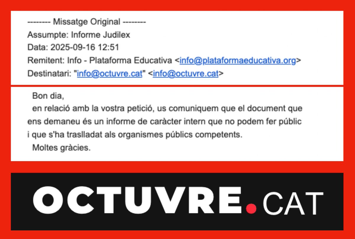 AlbanoDante76's tweet image. 3 ▶️Vam anar a buscar respostes. 

El 16 de setembre vam demanar a Resilis una còpia de l&apos;informe de Judilex. La resposta de la Fundació Resilis va ser clara: 

&quot;És un document intern que no podem fer públic&quot;.