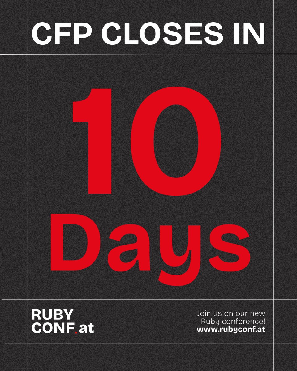 RubyConfAT's tweet image. We currently stand at 79 wonderful proposals submitted for the first edition of #RubyConfAT and there is already potential to build a wonderful program for the conference. Thank you for your trust, folks! ♥️

There&apos;s still time if you want to join! CFP closes in 10 days. 🕙 #Ruby