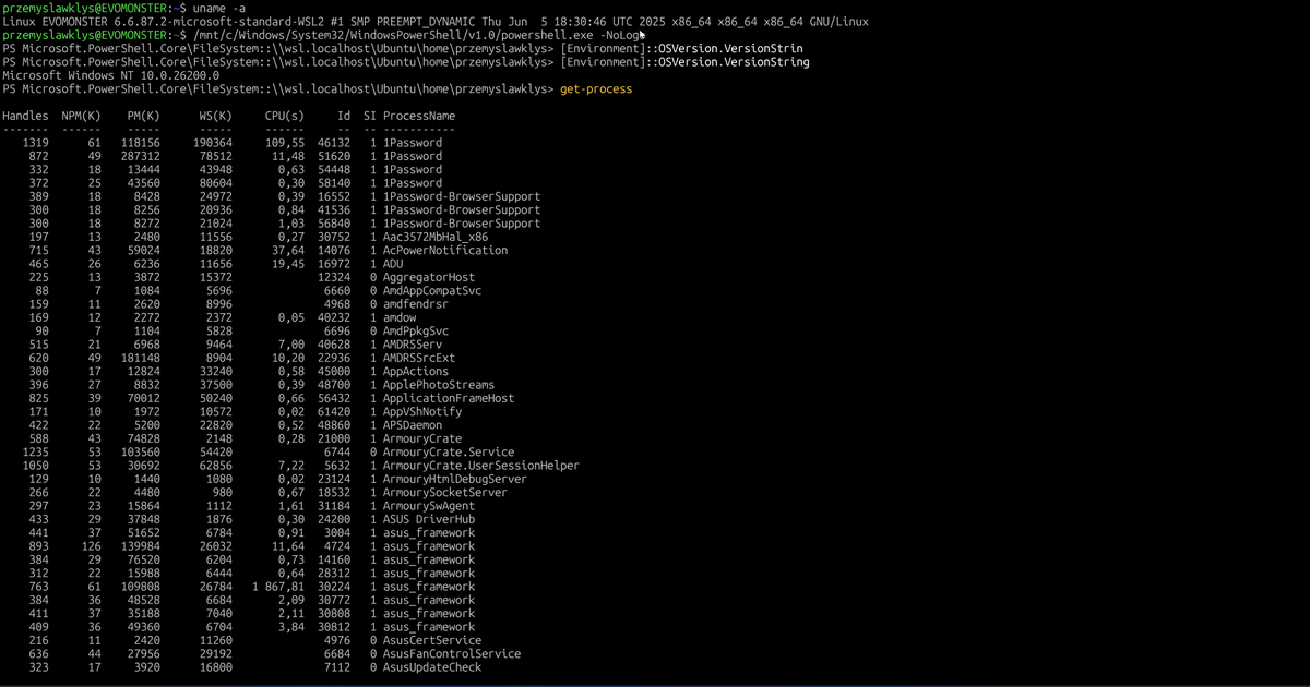 PrzemyslawKlys's tweet image. 😮😮😮 TIL - you can run .exe directly from WSL. This open so many options! #PowerShell #dotnet and was switching and testing in Windows. Wow
