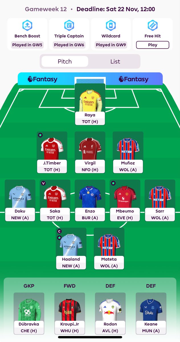 GW12: Bompa ut!
Behöver agera mot att alla springer till VVD och förbereder byten inför nästa omgång för att undvika att använda Freehit.

Senesi ⏩️ Van Dijk
Semenyo ⏩️ Doku

Sparar ett byte och har redan nästa veckas byten planerade.
Semi bra känsla inför.

🌍67.578