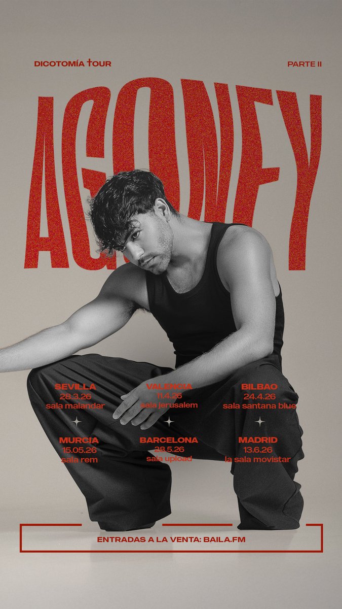 Valencia se suma a la gira Dicotomía tour Pt.II ✨ nos vemos en nada (bueno y esta noche que también canto allí) 🫰🏼
Entradas ya disponibles:
baila.fm/artistas/agone…