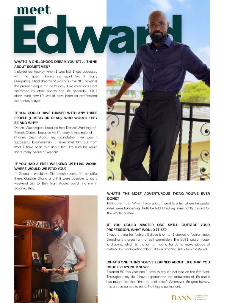 BANNnassociates's tweet photo. 📍 In today’s partner spotlight, we feature Edward Boateng-Addo. Edward’s journey reflects the importance of discipline, learning, and embracing passion and curiosity. From childhood hockey dreams to a love for fashion, he shows how diverse interests build well-rounded leaders. https://t.co/a1Jg4i6WLK