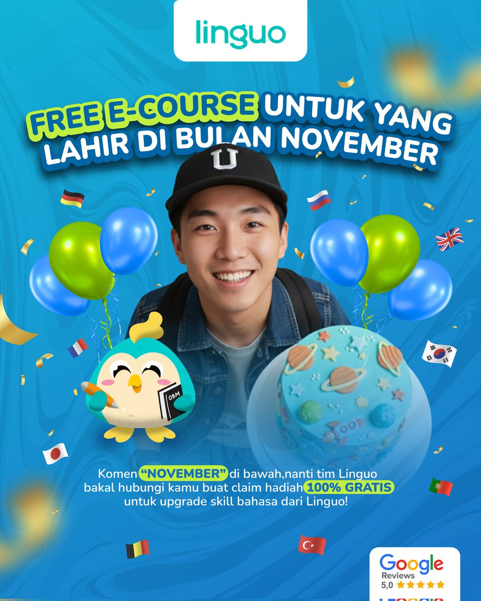 linguo_id's tweet image. 🎉 NOVEMBER BABIES, WHERE YOU AT?

Komen “NOVEMBER” buat dapetin e-course gratis dari Linguo! Cuma buat kamu yang ulang tahun bulan ini ya 😄

#linguo #freeclass #kelasbahasagratis