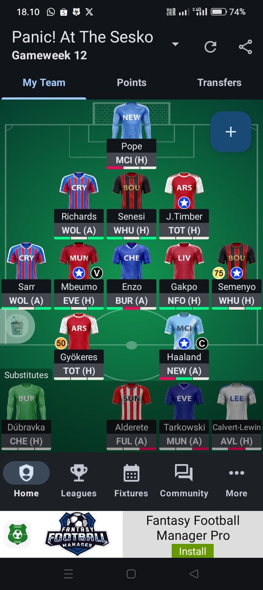 Panic! At The Sesko GW12 🔒
1,7 M 🌏

↖️ Gabriel, Anthony 
↘️ Timber, Gakpo

Good Luck ecveryone and happy weekend!
#FPL #FPLCommunity