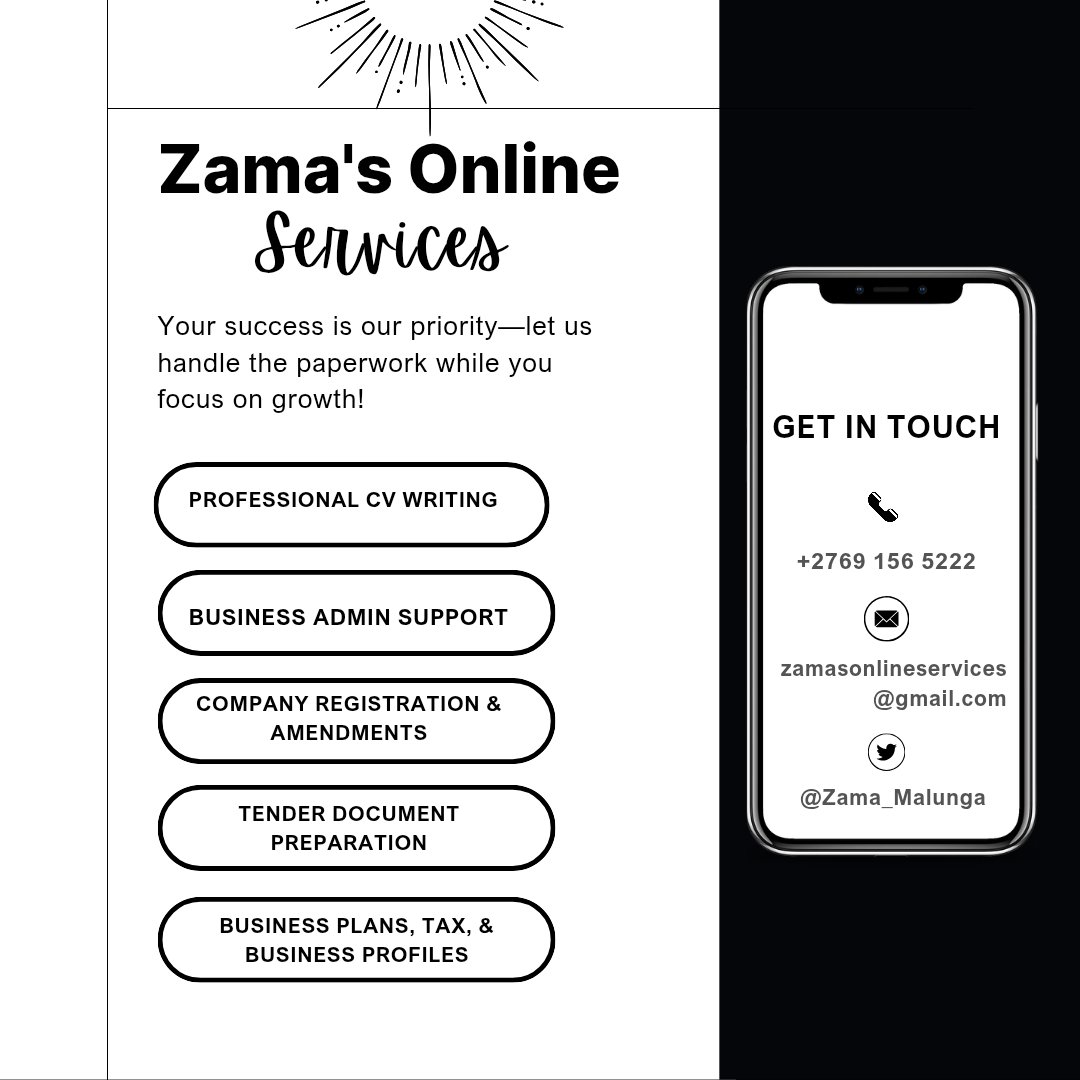 🚨 Admin overload? Job hunting? Tax season panic?

Let Zama’s Online Services handle it all!

We offer:
✅ CV Writing &amp; LinkedIn Updates
✅ Company Registrations
✅ Business Admin Support
✅ Business Profiles

📲 WhatsApp 069 156 5222 

#G20SouthAfrica