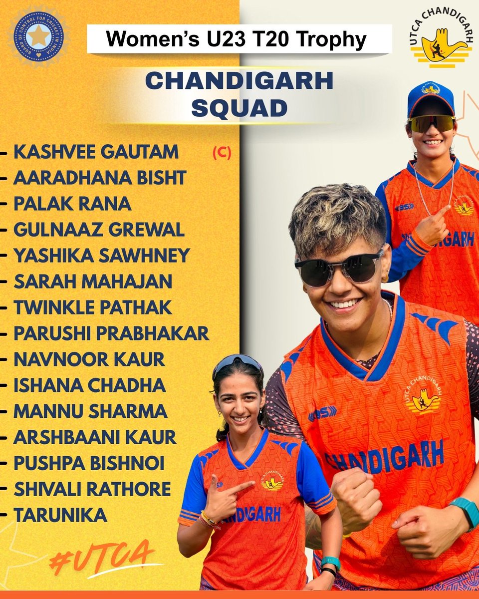 UTCAChd's tweet photo. Chandigarh announces its squad for the Women’s U23 T20 Trophy, with Kashvee Gautam set to lead a confident and talented group. The team is ready for a strong campaign ahead.

Wishing the team a focused and successful tournament. Let’s go, Chandigarh.

#UTCA #ChandigarhCricket https://t.co/46t9WEO0CA