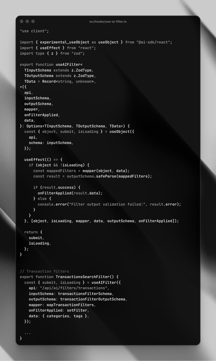 pontusab's tweet image. Simple hook for adding AI-powered search filters with `useAIFilter` using an AI SDK.